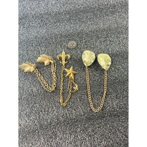 Vintage Gold Tone Sweater Guards Brooch Set Fleur De Lis Leaves Star Moon CPC